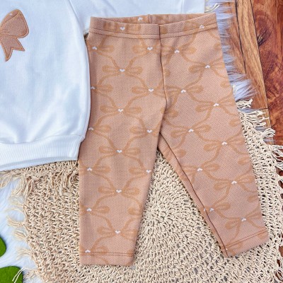 Conj. Casaco de Moletom Laço e Calça Legging Corações - Areia e Off White